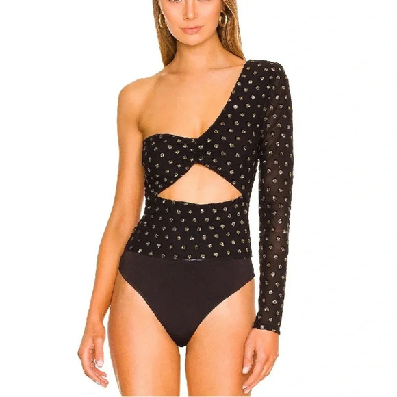 Lovers and Friends Goldie Bodysuit One Shoulder Glitter Polka Dot Size Medium - Picture 1 of 13